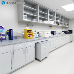 Fort Sam laboratory with fixed casework and upper cabinetry