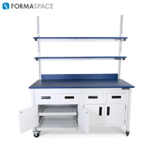 Lab bench with sliding shelves within cabinet