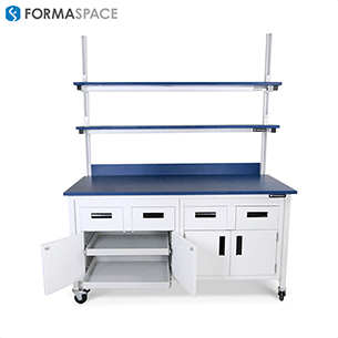 chemical resistant laboratory benchmarx with sliding shelf cabinetry system