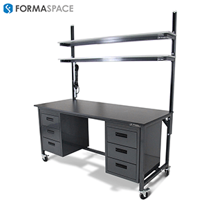 benchmarx with upper black phenolic shelves and lower cabinet storage and left side power cables