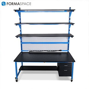 heavy duty workbench with pegboard and three upper shelves