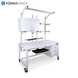 esd workbench with split upper shelves and cabinet