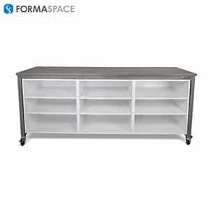 benchmarx with upper black phenolic shelves and lower cabinet storage and left side power cables
