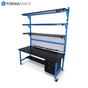 tech lab benchmarx with white peg board and upper storage