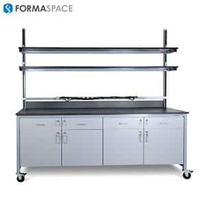 lab instrumentation benchmarx with locking lower drawers and cabinets full width of bench