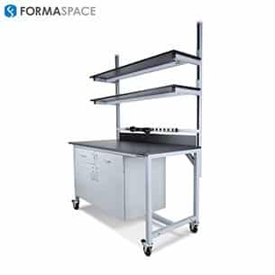 lab instrumentation benchmarx with locking lower storage and upper shelves