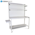 white packing workstation with upper and lower shelves