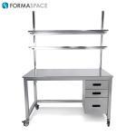 stainless steel workbench with 2 upper shelves and lower storage