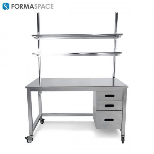 stainless steel workbench with 2 upper shelves and lower storage