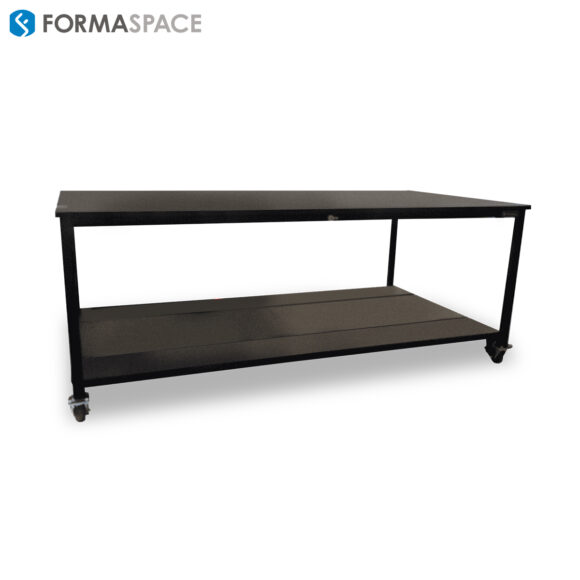 esd mobile work table with welded frame and lower shelf in black