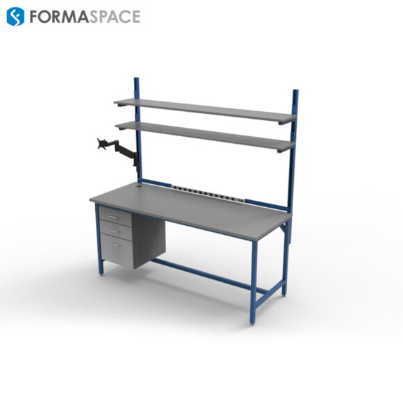 Workbench with lower storage drawers, upper shelving and integrated electrical outlets in blue