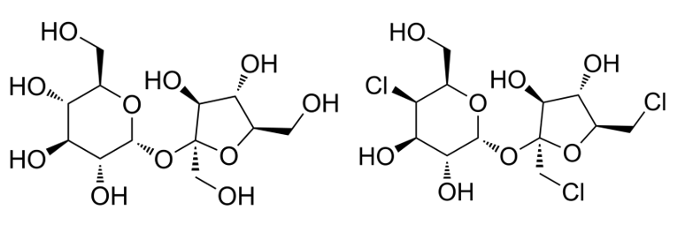 chemical structure of sucrose (table sugar) and sucralose