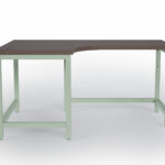 l shape desk with walnut worksurface and mint green powder coat frame
