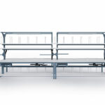 material handling industrial assembly station with white laminate tops on a blue frame