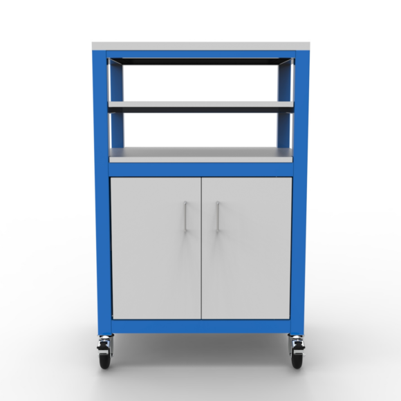 blue utility cart with white shelves on casters