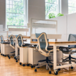 collaborative workspace on casters with shelves