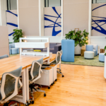 mobile education workspace with maple butcher block worksurface