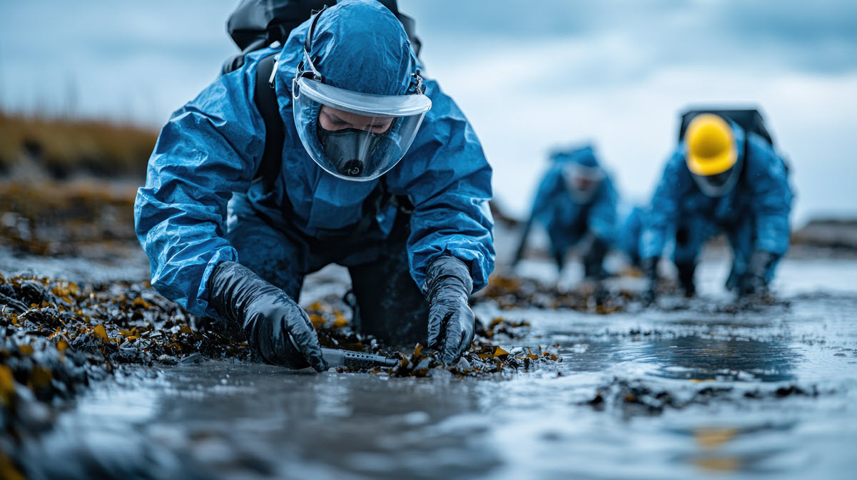 environmental scientists studying climate change impacts and rising sea levels along coastal area with protective gear