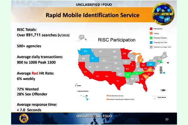 The FBI's Report from 2013 on the implementation of its Next Generation Identification System. At that time, nearly 80 million records were in the database. The Increment 5 phase is adding Iris (eye) scans to the system. wpfc
