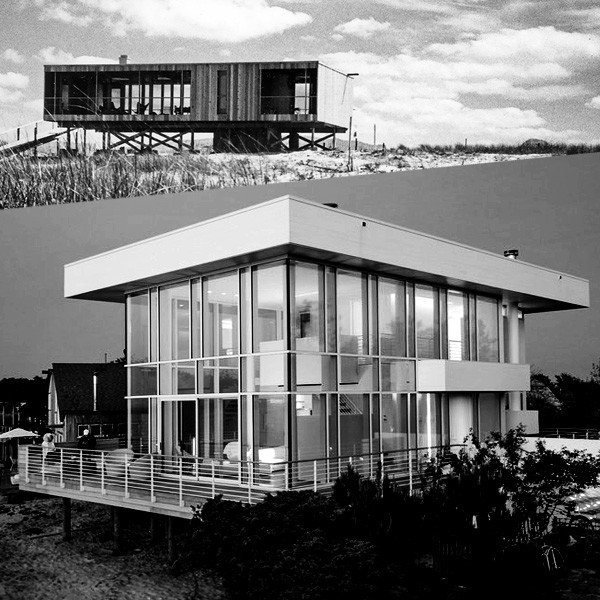 Richard Meier's iconic 1961 Lambert House on Fire Island New York contrasts with his 2014 commission for a new beach house design constructed in glass and steel in the International Style.